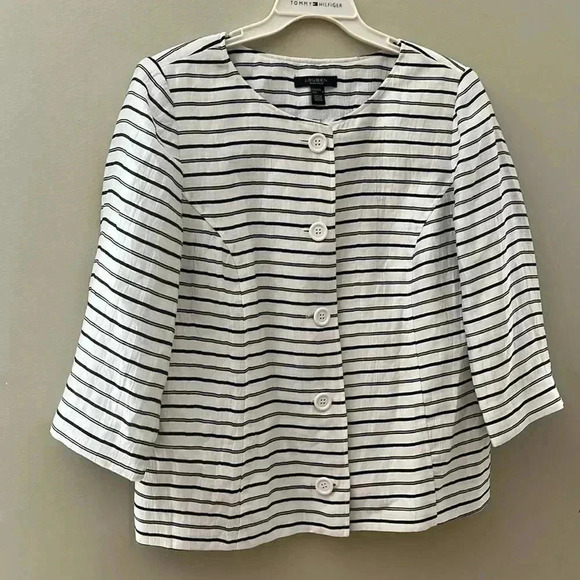 [14W]Louben 85% Linen Blend Black White Striped Button Down  3/4 Arm Blazer - Picture 1 of 5